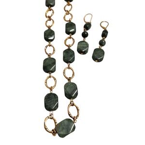 Gold Tone Green Stone Necklace and Earrings‎ Set Women's Jewelry